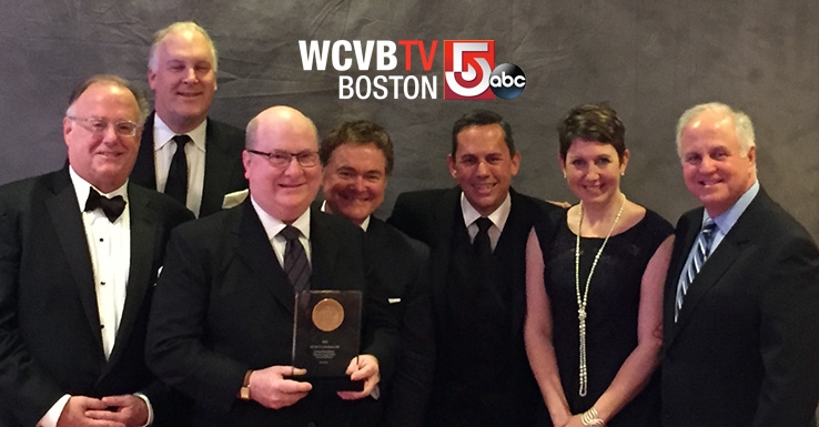 From left to right is Hearst Corp Director David Barrett, Hearst TV Pres. Jordan Wertlieb, WCVB A-ND Gerry Wardwell, WCVB Anchor Ed Harding, WCVB ND Andrew Vrees, Hearst TV VP of News Barbara Maushard and WCVB Pres./GM Bill Fine.