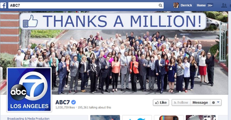 Employees of KABC-TV Los Angeles, ABC7, pose for a photo celebrating the station's Facebook page attracting 1 million fans.