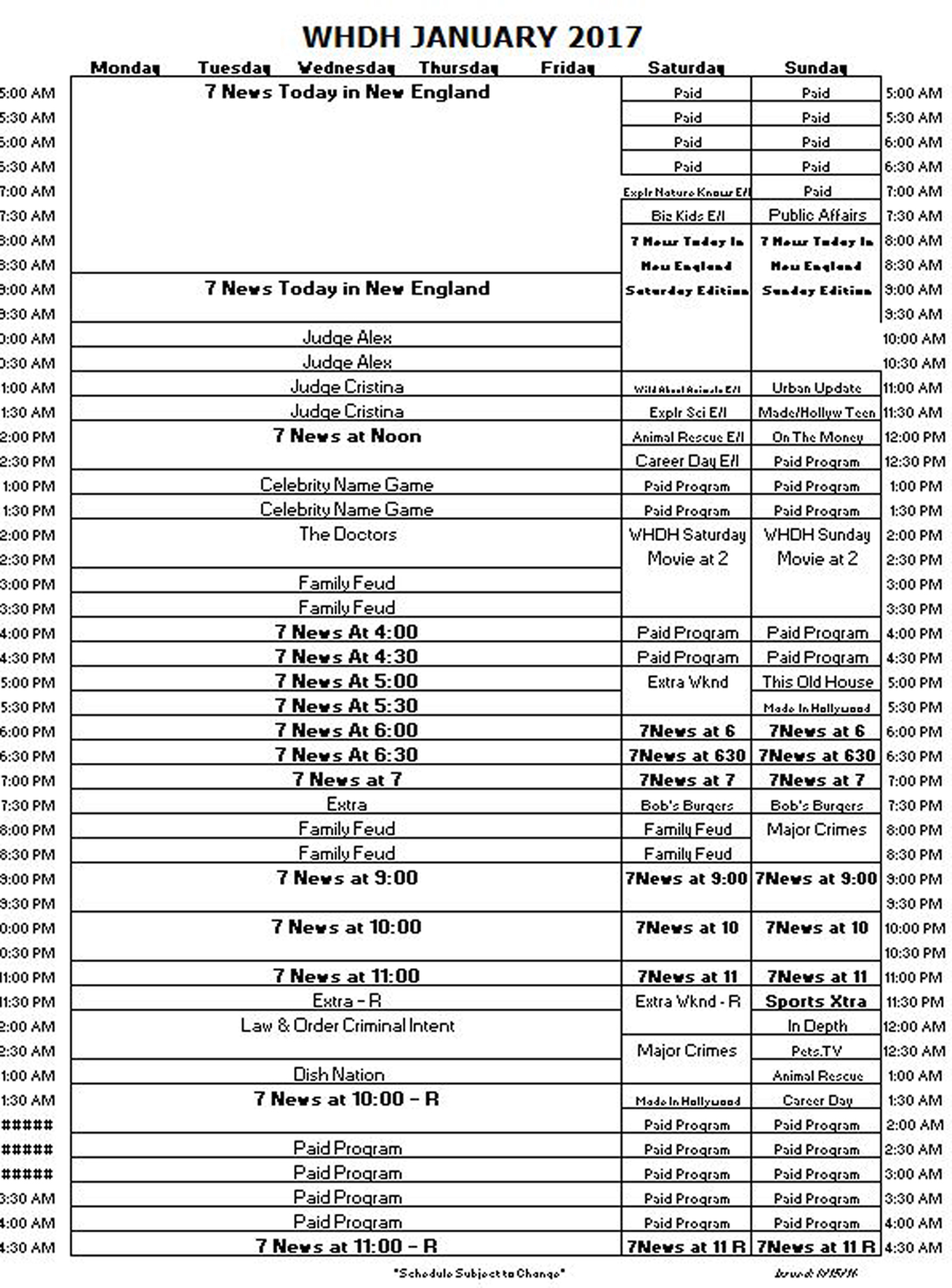 WHDH 2017 Schedule