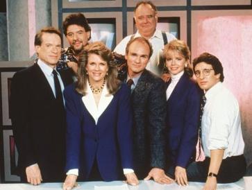 The cast of Murphy Brown (1988–96, from left): (front) Kimbrough, Bergen, Regalbuto, Ford, Shaud; (back) Pastorelli, Corley